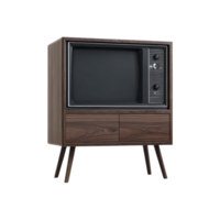 Vintage wooden television set with retro design, featuring boxy shape and control knobs, evokes nostalgia. TV stands on angled legs, showcasing mid century style png