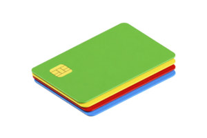 Stack of colorful credit cards, featuring green, yellow, red, and blue cards with visible chip, isolated on transparency background png