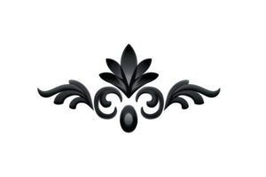 Elegant black ornamental design with symmetrical floral elements and intricate swirls, perfect for decorative purposes. glossy finish adds touch of sophistication to classic motif png