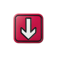 Red square button with white downward arrow symbol, outlined in black, is depicted. button has glossy finish and modern design, suggesting functionality and direction png