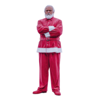 Man dressed as Santa Claus stands confidently with arms crossed, wearing traditional red and white suit, complete with belt and boots. His expression is serious yet festive png