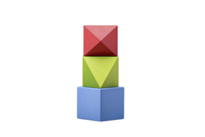 Stack of colorful wooden blocks features red pyramid, green inverted pyramid, and blue cube, showcasing balance and geometry png