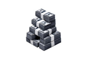 Stacks of US dollar bills are neatly arranged in pyramid shape, each bundle secured with white band. image conveys wealth and financial abundance png