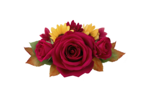 Vibrant floral arrangement featuring red roses and yellow sunflowers, accented with green leaves and autumn colored foliage, creating warm and cheerful display png