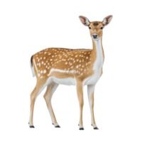 Graceful deer with spotted coat stands alertly, showcasing its elegant posture and gentle expression against plain background png
