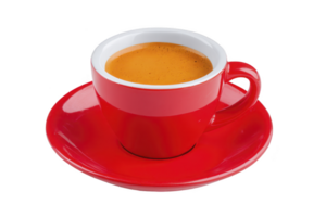 Vibrant red coffee cup filled with espresso sits on matching saucer, showcasing rich crema on top. simple yet striking design evokes sense of warmth and energy png