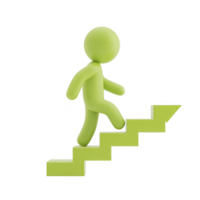 Green 3D figure is climbing staircase, symbolizing progress and growth. minimalist design and vibrant color convey sense of motivation and achievement png