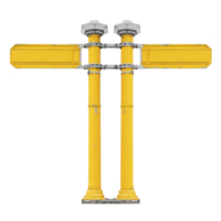 Two yellow signposts with blank directional signs stand side by side, featuring vintage design with ornate tops. signs are empty, ready for customization png