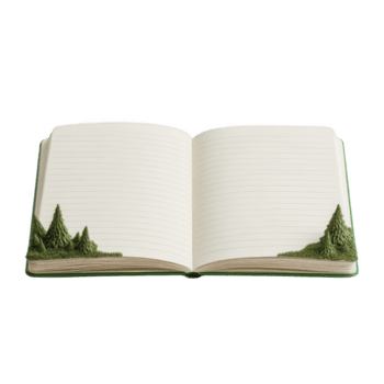 öppen anteckningsbok med fodrad sidor funktioner unik design med små grön träd på hörn, skapande natur inspirerad tema. anteckningsbok är öppna, inbjudande kreativitet och idéer png