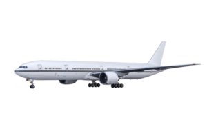 Sleek, modern passenger airplane with white exterior and two engines is shown against plain background, highlighting its streamlined design and advanced engineering png