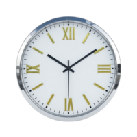 Round wall clock with silver frame features gold Roman numerals and black hands on white face, offering classic and elegant design png