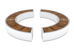 Curved modular seating with wooden tops and white bases, designed for modern spaces. semi circular arrangement allows for flexible configurations, enhancing communal areas png