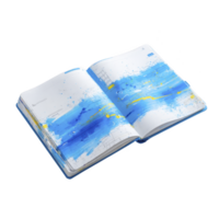 Open book with abstract blue and yellow watercolor splashes on its pages, creating dynamic and artistic visual. vibrant colors and fluid design evoke creativity and inspiration png