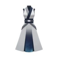 Sleeveless, futuristic dress with gradient design and wide belt, featuring blend of white and blue tones. dress has sleek, modern aesthetic with cosmic pattern png