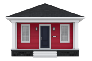 Charming small red house with black roof and white columns, featuring central door and two windows. design is simple yet inviting, perfect for cozy home png