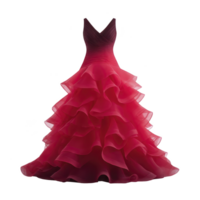 Stunning red ball gown with layered ruffles and fitted bodice, perfect for formal occasions and elegant events. vibrant color and flowing design create dramatic effect png