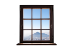 Wooden window frame reveals clear view of distant mountain under bright blue sky, evoking sense of tranquility and openness png