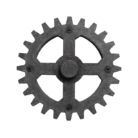 Large, weathered metal gear with rustic appearance, featuring prominent teeth and central hub, evokes sense of industrial history and mechanical engineering png
