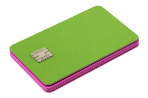 Stack of colorful credit cards with green top card and pink edges, featuring visible chip, isolated on transparency background png