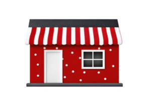 Charming red toy house with striped roof and polka dots evokes playful and whimsical feel. small structure features single window and door, adding to its quaint appearance png