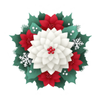 Festive floral arrangement featuring large white flower surrounded by red flowers, green leaves, and snowflakes, creating holiday themed decoration png