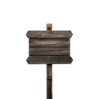 Rustic wooden signpost stands isolated against transparency background, showcasing its weathered texture and natural wood grain. sign is blank, offering space for custom text or design png