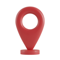 Red 3D location pin icon with circular hole in center, standing upright on flat base. design is simple and modern, often used in digital maps to indicate specific location png
