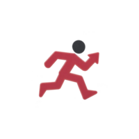 Red running figure icon with arrow pointing upward, symbolizing movement or progress. design is simple and modern, often used in signage or digital interfaces to indicate direction or action png