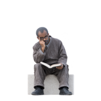 Man in casual attire sits on stone bench, deeply engrossed in reading book. He appears thoughtful, wearing glasses and brown outfit, with contemplative expression png