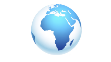 Blue and white globe illustration showing Africa and Europe prominently, symbolizing global connectivity and environmental awareness. design is simple and modern png