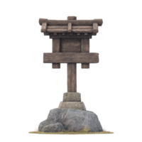Wooden signpost with traditional design stands on stone base, surrounded by rocks and grass, evoking rustic and natural atmosphere png