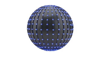 3D sphere with glossy black surface is adorned with evenly spaced, glowing blue nodes, creating futuristic and technological appearance png