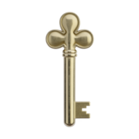 Vintage gold key with clover shaped bow and intricate design, symbolizing mystery and elegance, isolated on transparency background png