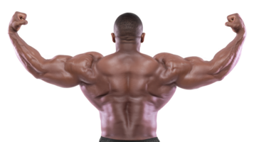 Muscular man flexing his back and arm muscles, showcasing strength and fitness. image highlights definition and size of his muscles, emphasizing bodybuilding and physical health png