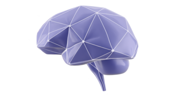 3D illustration of stylized brain with geometric polygonal design, featuring network of interconnected lines and nodes. brain is depicted glossy purple color, symbolizing technology and innovation png