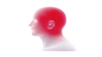 Digital rendering of human head in profile with red gradient and wireframe design, symbolizing technology and innovation. image conveys futuristic and abstract concept png