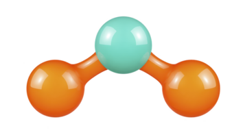 3D molecular model with central blue sphere connected to two orange spheres, representing simple chemical structure. glossy finish adds modern, educational feel png