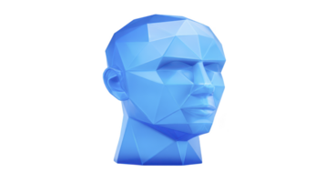 Blue geometric polygonal human head sculpture with faceted surface, showcasing modern digital art style. abstract design emphasizes sharp angles and symmetry, creating futuristic appearance png