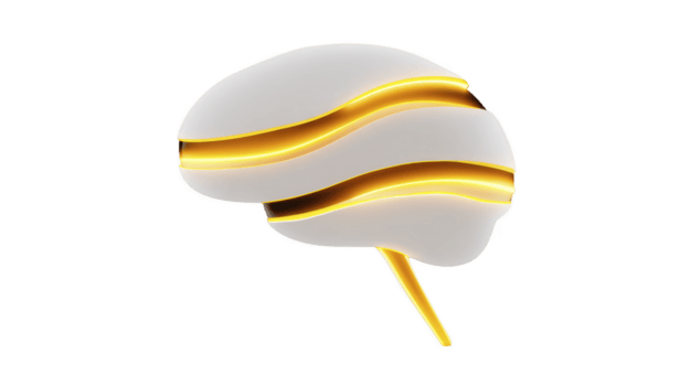 3d illustration av stiliserade hjärna med lysande gul rader, symboliserar neuralt anslutningar och innovation. slät, vit yta kontraster med vibrerande rader, skapande trogen och dynamisk png