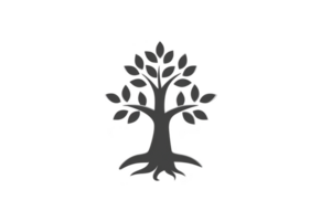Simple black silhouette of tree with roots and branches, featuring multiple leaves, is depicted against plain background. design is minimalistic and elegant png