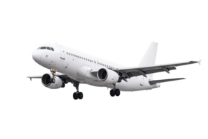 White commercial airplane in flight with landing gear extended, set against clear sky. aircraft is twin engine jet, commonly used for passenger transport png