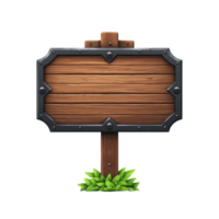 Wooden sign with metal frame stands surrounded by green leaves, evoking rustic and inviting atmosphere. blank space is perfect for adding text or graphics png