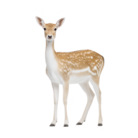 Graceful deer with spotted coat stands alertly, showcasing its slender legs and large ears. white spots on its brown fur create striking pattern, highlighting its natural beauty png