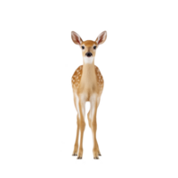 Young deer with gentle expression stands against transparency background, showcasing its delicate features and spotted coat. image captures innocence and grace of animal png