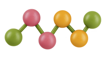 Image shows colorful molecular model with pink, orange, and green spheres connected by green rods, representing atoms and bonds in playful design png