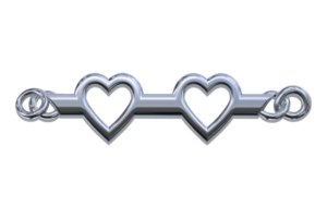 Two intertwined silver hearts with elegant swirls create romantic and decorative design, perfect for invitations or love themed projects. metallic finish adds touch of elegance png