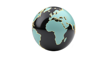 3D globe illustration featuring continents in light blue and oceans in black, highlighting Africa, Europe, and Asia. globe is set against transparency background, emphasizing its modern design png
