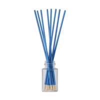Set of blue incense sticks in clear glass jar, arranged neatly and standing upright. minimalist design and vibrant color create calming and elegant atmosphere png
