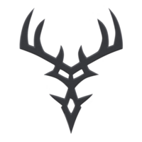 Stylized black tribal deer head design with sharp, angular antlers and geometric shapes, creating bold and striking appearance. design is symmetrical and artistic png