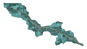 Stylized map illustration features winding road cutting through patchwork of geometric land plots, evoking sense of exploration and connectivity png